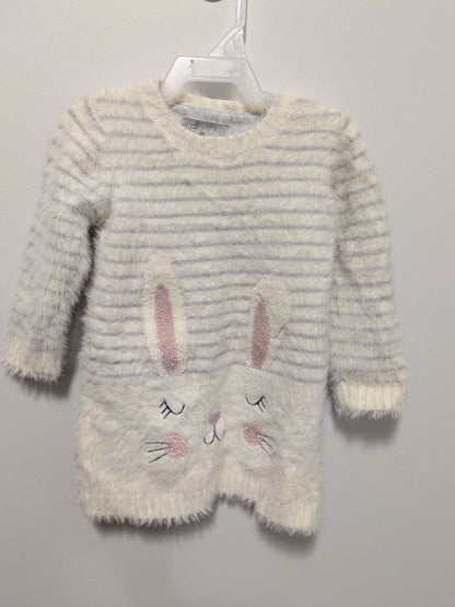 Primark White & Grey Striped Shaggy Bunny Sweater - 6-9M, Kids 9 Month (6-9M)