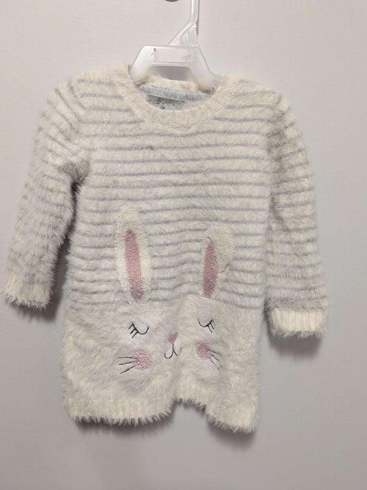 Primark White & Grey Striped Shaggy Bunny Sweater - 6-9M, Kids 9 Month (6-9M)
