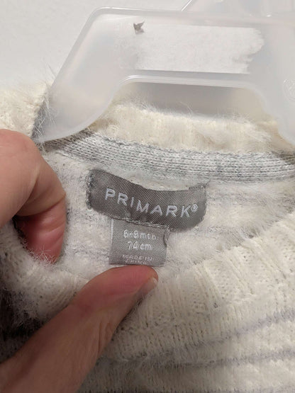 Primark White & Grey Striped Shaggy Bunny Sweater - 6-9M, Kids 9 Month (6-9M)