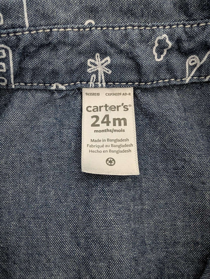 Carter's Blue Chambray and Vehicle Print Button-Down Shirts - 24 Months, Kids 24 Month (18-24M)