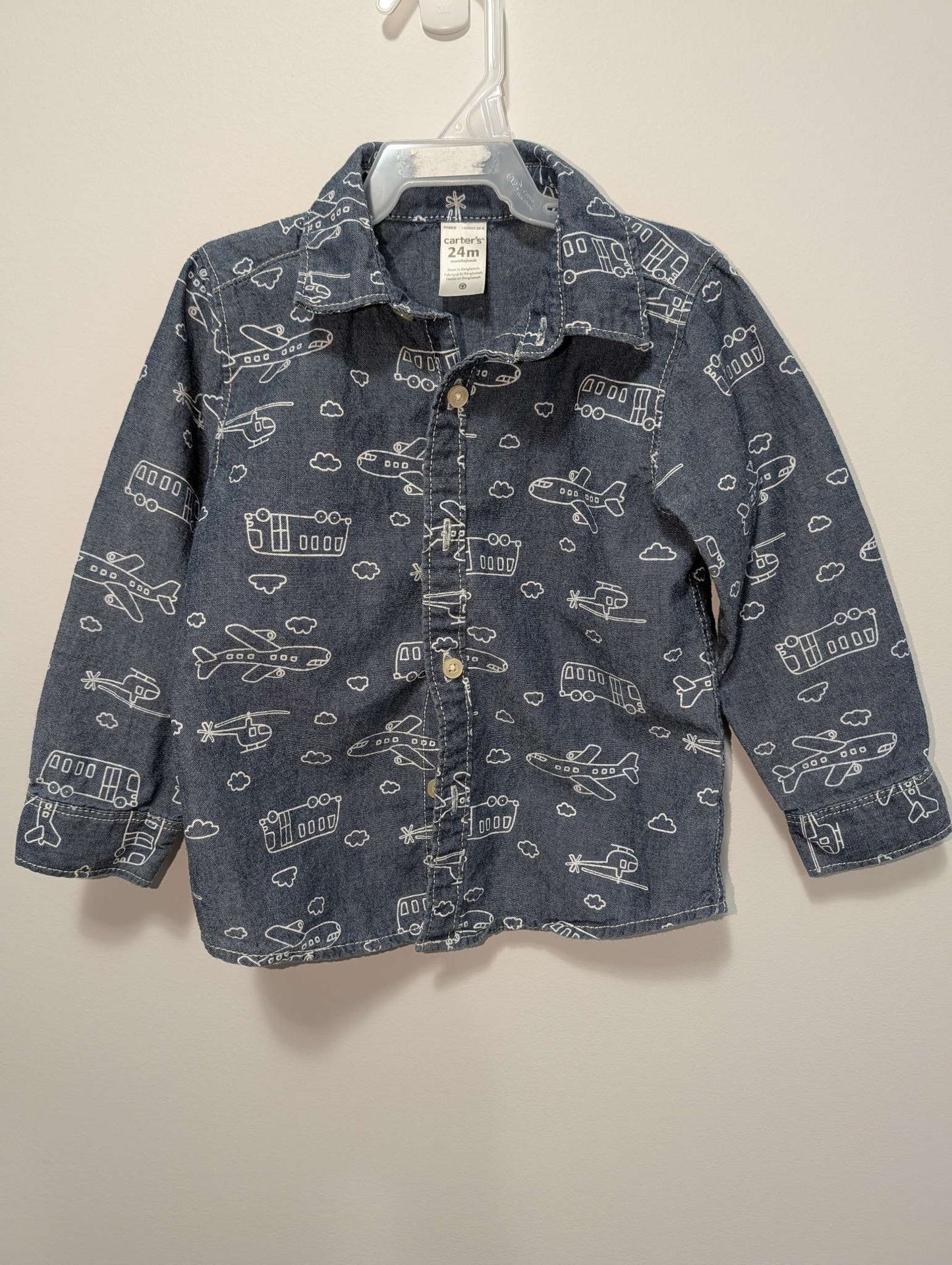 Carter's Blue Chambray and Vehicle Print Button-Down Shirts - 24 Months, Kids 24 Month (18-24M)