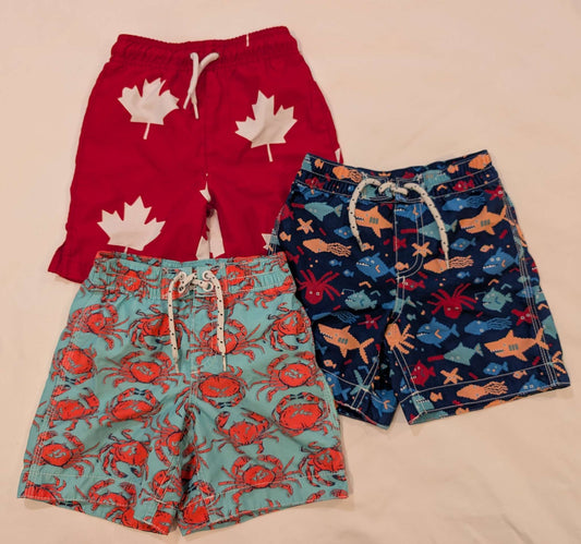 3 Pairs Boys Swim Trunks, 3T, Sea Animals, Crabs, Maple Leaves, Kids 3T