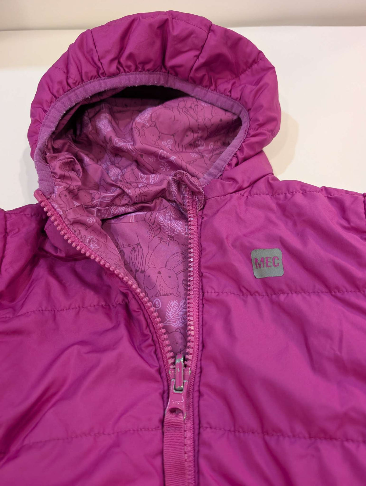 MEC Cocoon Reversible Jacket, Pink, Woodland Pattern, Size 12M, MSRP: $45, Kids 12 Month (9-12M)
