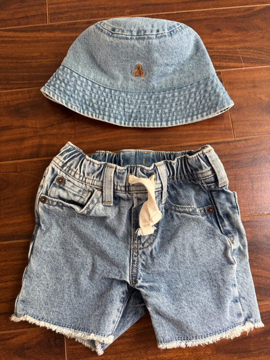 Girls Jean hat & shorts, Kids 12 Month (9-12M)