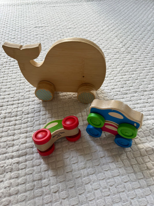 Wooden cars and whale