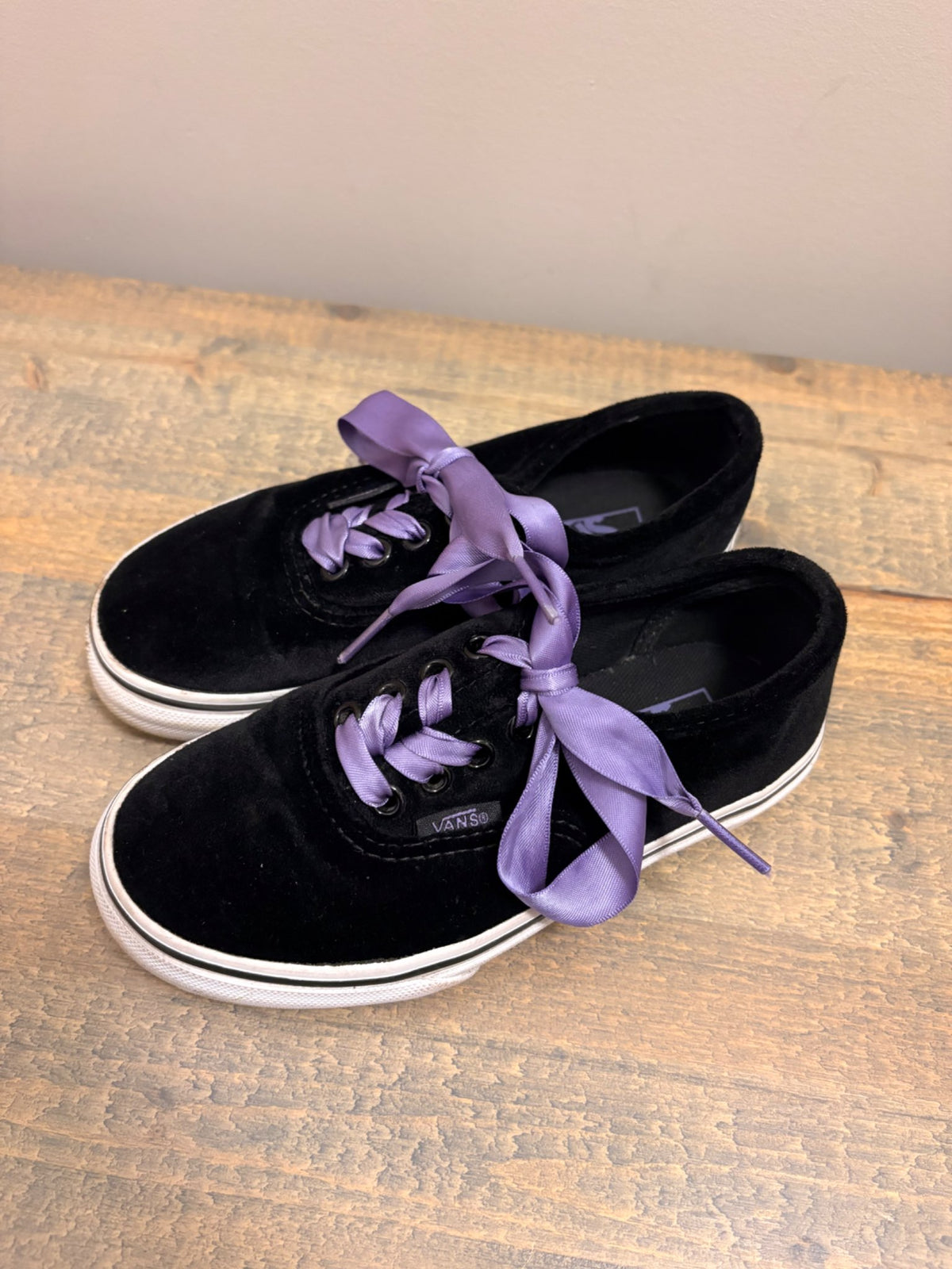 Vans Black Velvet Sneakers with Purple Ribbon Laces, Shoes 12 (Toddler:2-4yr)