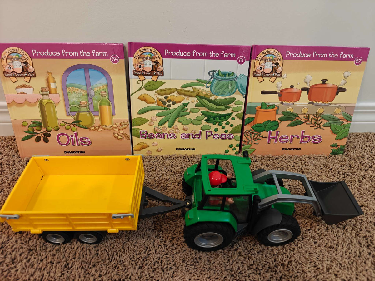 Tractor with wagon toy + 3 books