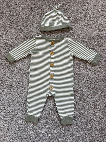Green Striped Romper and Hat, Kids 9 Month (6-9M)
