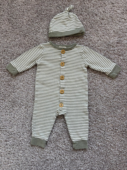 Green Striped Romper and Hat, Kids 9 Month (6-9M)