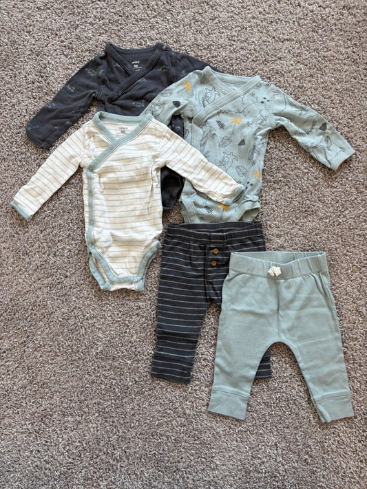 Blue Dinosaur Print Kimono Shirts and Pants, Kids 6 Month (3-6M)