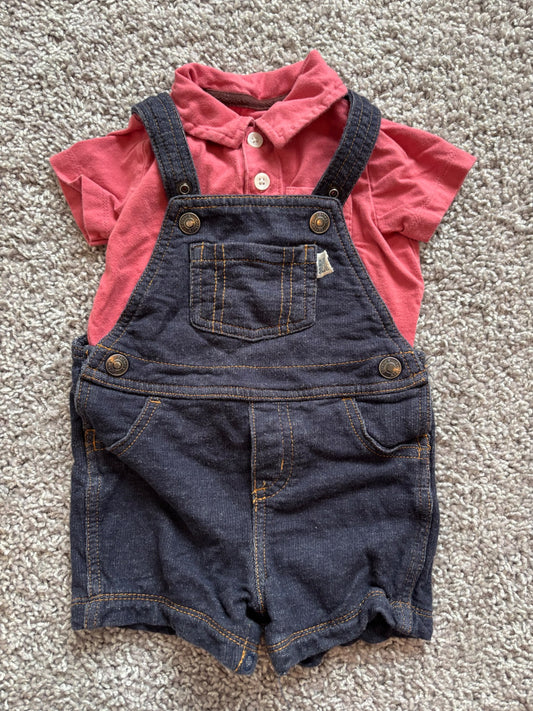 Red Collared Shirt and Jean Overall Set, Kids 9 Month (6-9M)