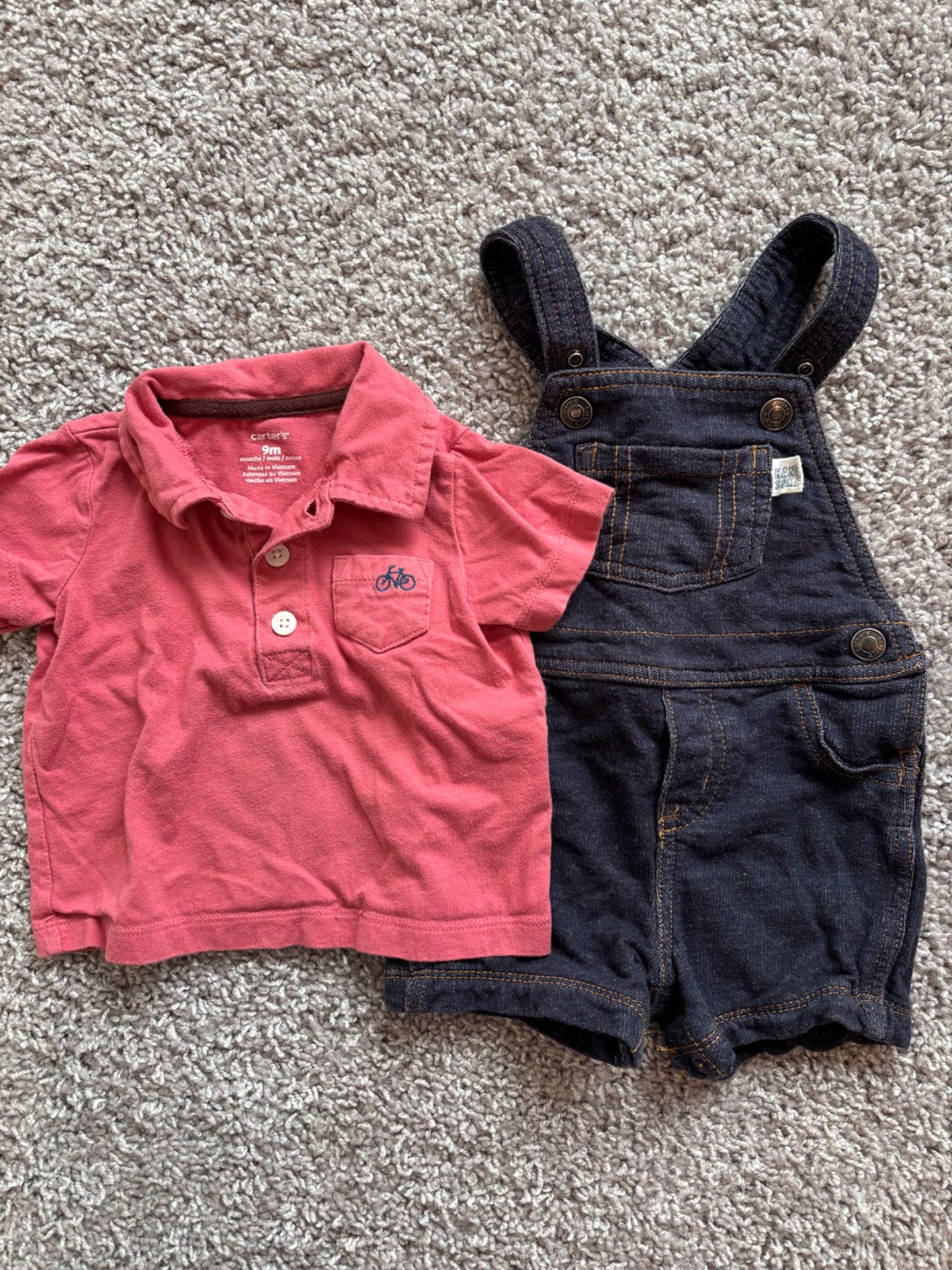 Red Collared Shirt and Jean Overall Set, Kids 9 Month (6-9M)