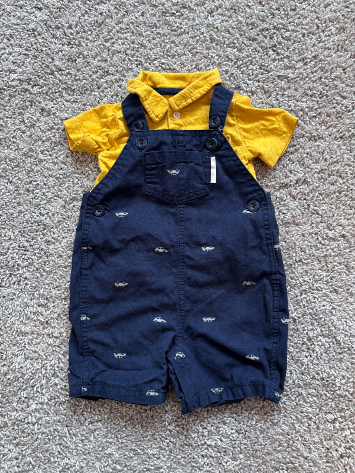 Yellow Collared Shirt and Car Print Overalls, Kids 12 Month (9-12M)