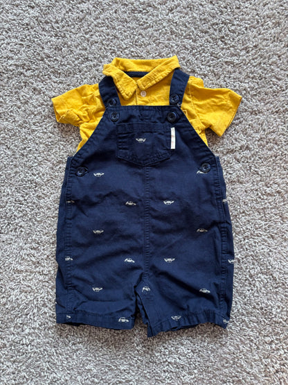 Yellow Collared Shirt and Car Print Overalls, Kids 12 Month (9-12M)