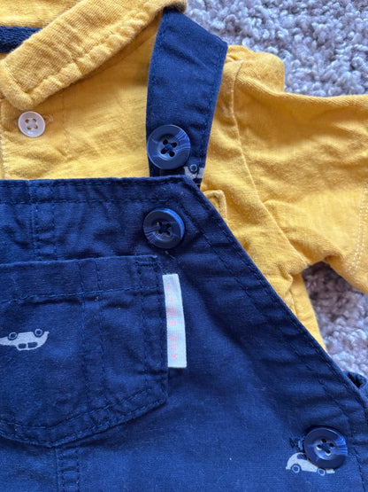 Yellow Collared Shirt and Car Print Overalls, Kids 12 Month (9-12M)