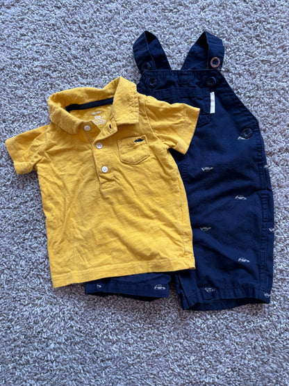 Yellow Collared Shirt and Car Print Overalls, Kids 12 Month (9-12M)