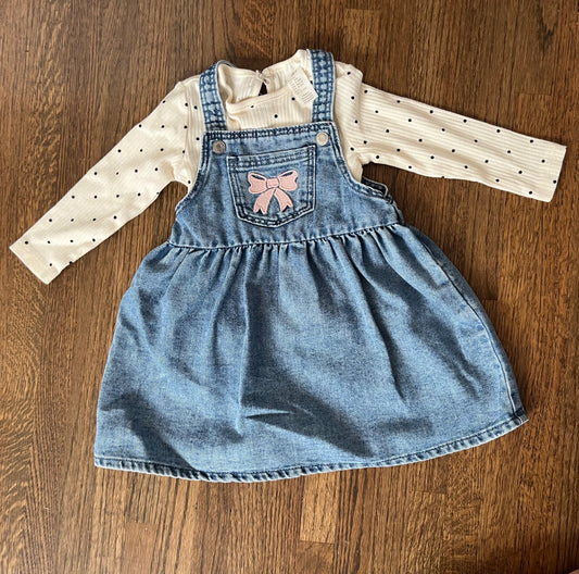 H&M Denim Dress with Polka Dot Shirt 9-12M VGUC, Kids 12 Month (9-12M)