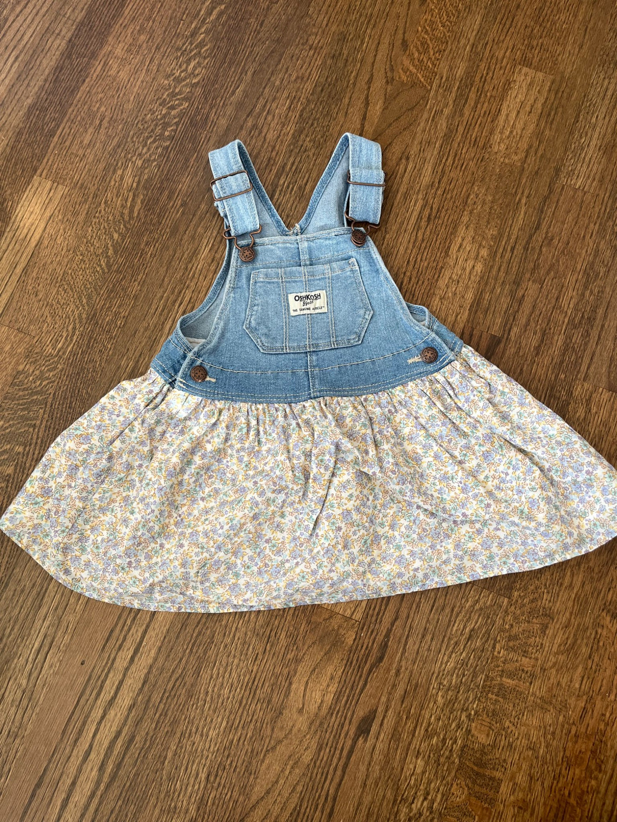 Denim Overall Dress with Floral Skirt EUC 18M, Kids 18 Month (12-18M)