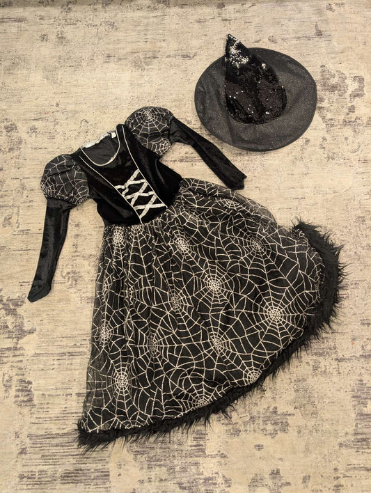 Halloween Costume - Age 4, Black Spider Web Witch Dress + Hat, Kids 4/4T