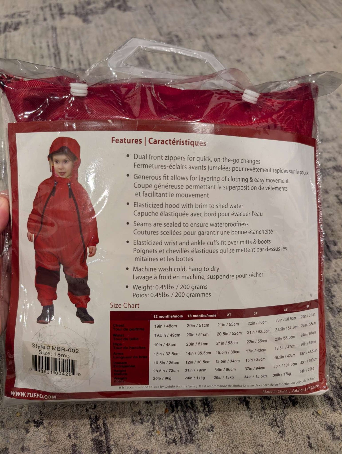 Tuffo Muddy Buddy - Red, 18 months, NEW in package, Kids 18 Month (12-18M)