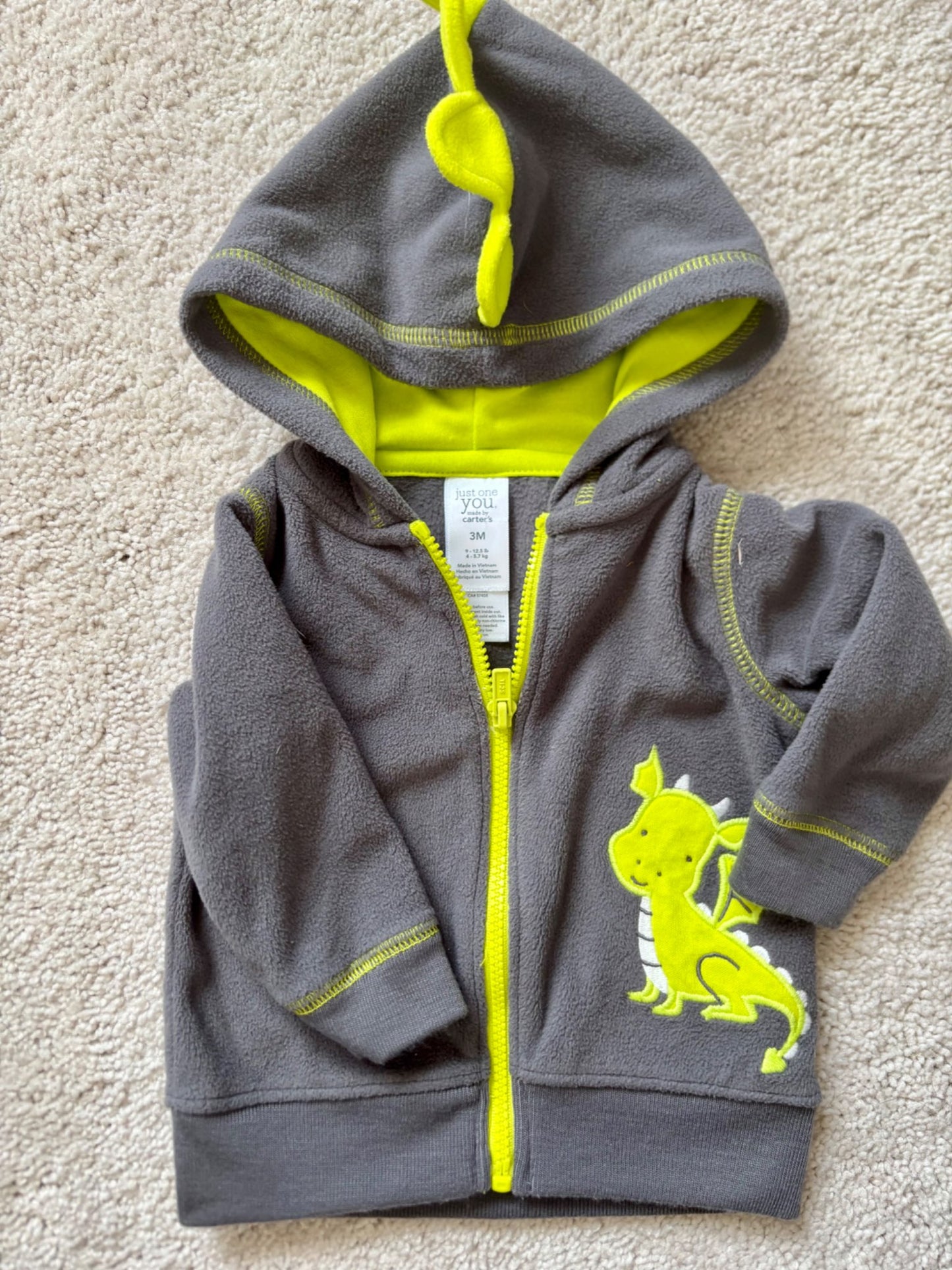 Fleece Dinosaur Zip-Up, Carters, 3m, Kids 3 Month (0-3M)
