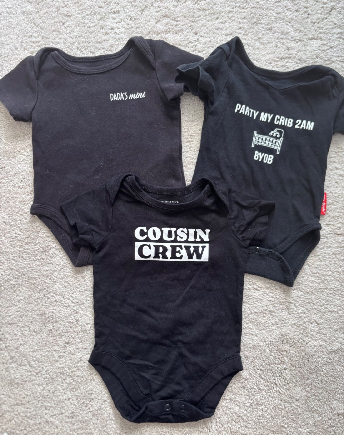 3 Black Onesie Bundle with writing, 3-6m, Indigo Baby, The Children's Place, Silly Souls, Kids 6 Month (3-6M)