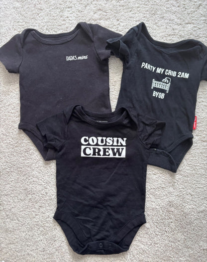 3 Black Onesie Bundle with writing, 3-6m, Indigo Baby, The Children's Place, Silly Souls, Kids 6 Month (3-6M)