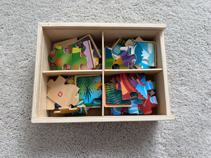 Melissa + Doug 4-in-1 Wooden Dino Puzzles *writing on box*