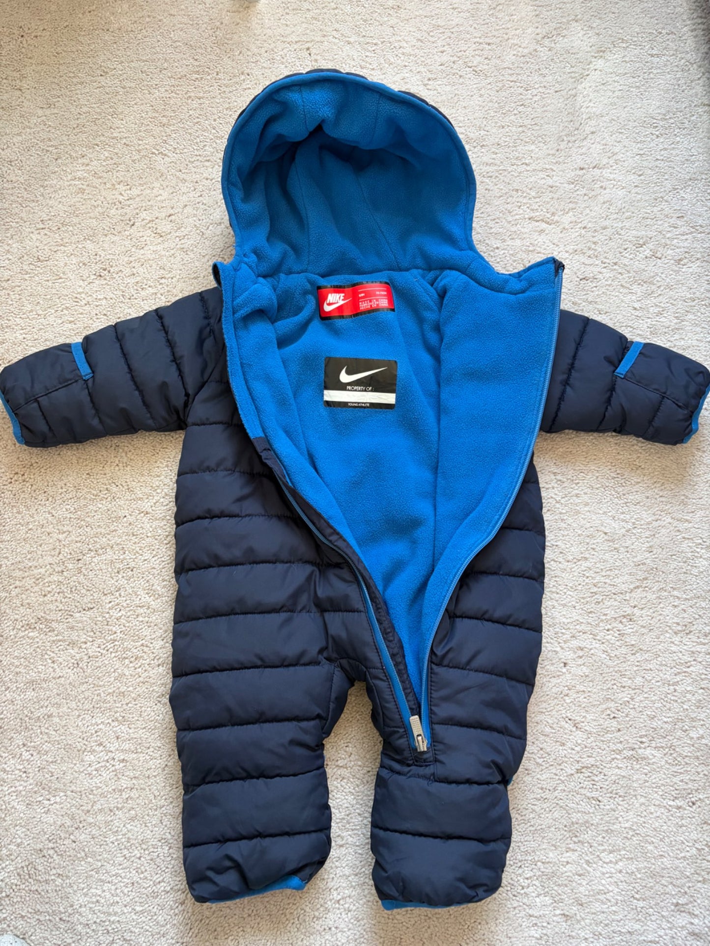 Nike Baby Fleece Lined Puffer Bunting Suit, 6-9m, Blue, MSRP $180!, Kids 9 Month (6-9M)