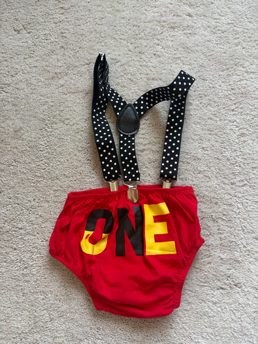 ‘ONE’ Birthday Outfit - Red with suspenders , Kids 12 Month (9-12M)