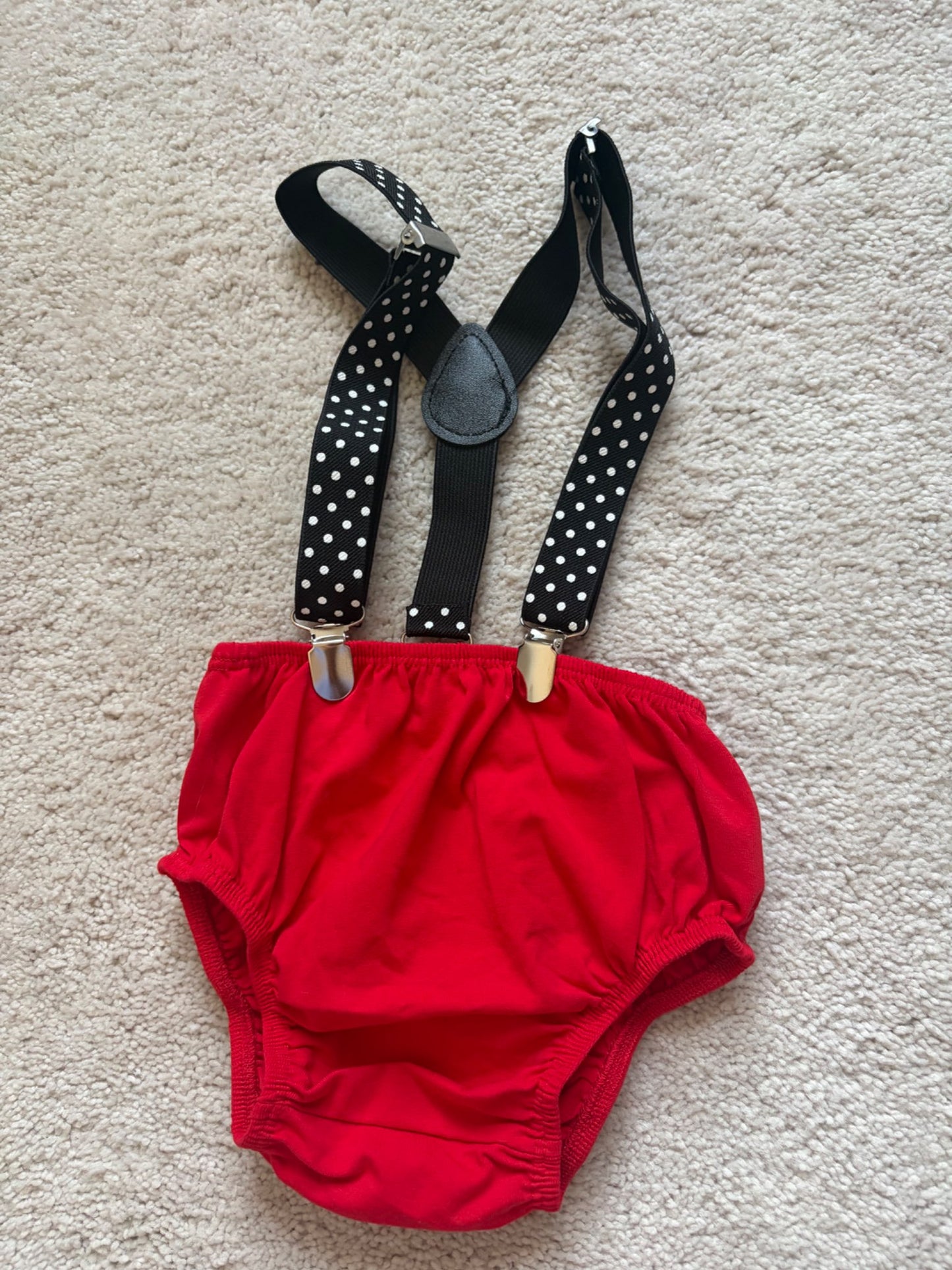 ‘ONE’ Birthday Outfit - Red with suspenders , Kids 12 Month (9-12M)
