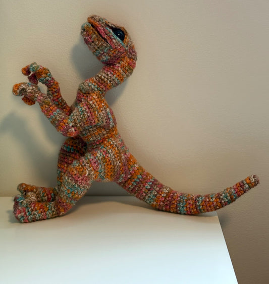 Handmade, Small Shop Crocheted Multicoloured Dinosaur Velociraptor (Purchase Price: $65)