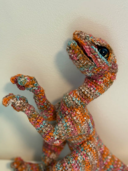 Handmade, Small Shop Crocheted Multicoloured Dinosaur Velociraptor (Purchase Price: $65)