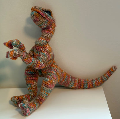 Handmade, Small Shop Crocheted Multicoloured Dinosaur Velociraptor (Purchase Price: $65)