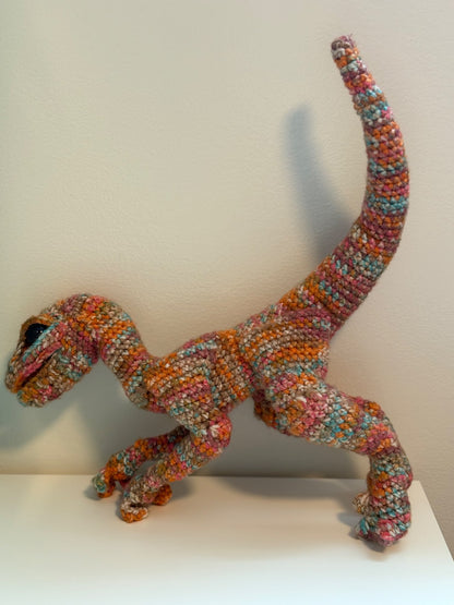 Handmade, Small Shop Crocheted Multicoloured Dinosaur Velociraptor (Purchase Price: $65)