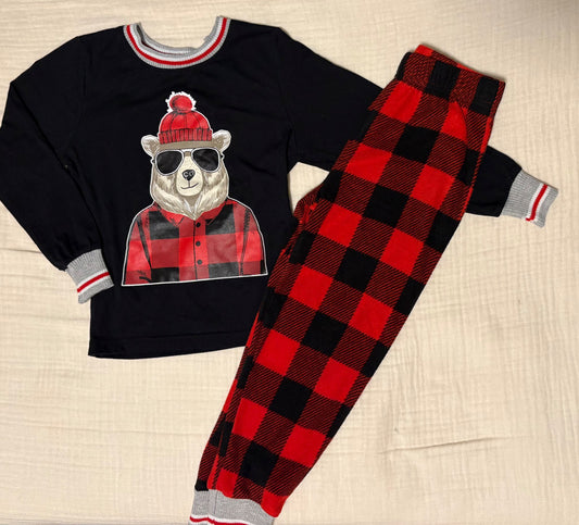 Size 4 Toddler Boys Two Piece Plaid Bear Pajamas , Kids 4/4T
