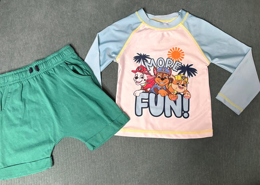 Paw Patrol 4T Toddler Boys UPF 50 Long Sleeved Swim Shirt (BNWOT) and Cat & Jack 4T Beach Shorts , Kids 4/4T