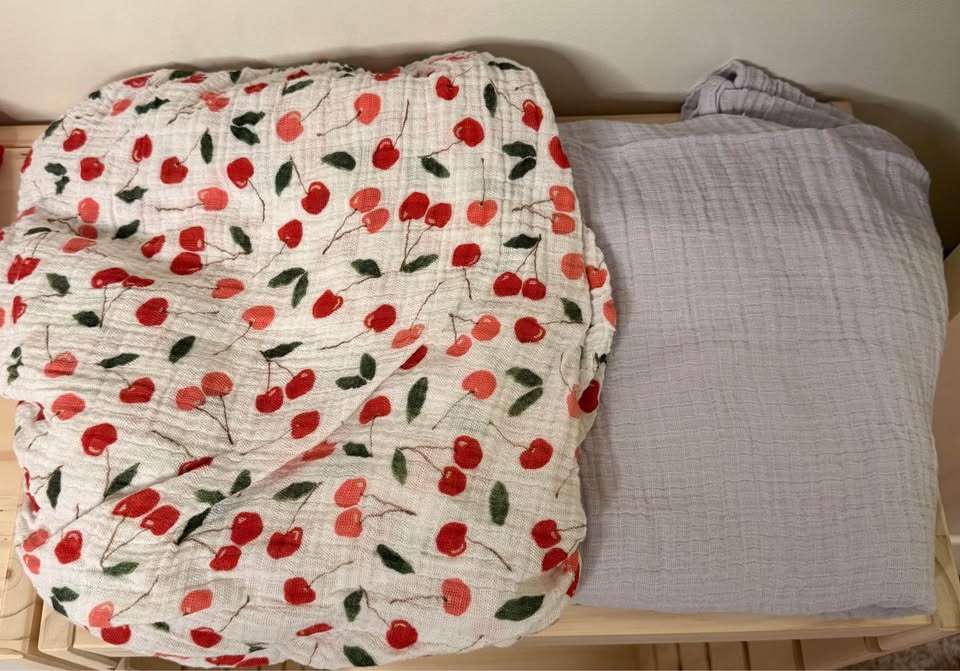 Red Rover Cherry Themed Muslin Crib Sheet & Aden + Anais Muslin Blanket