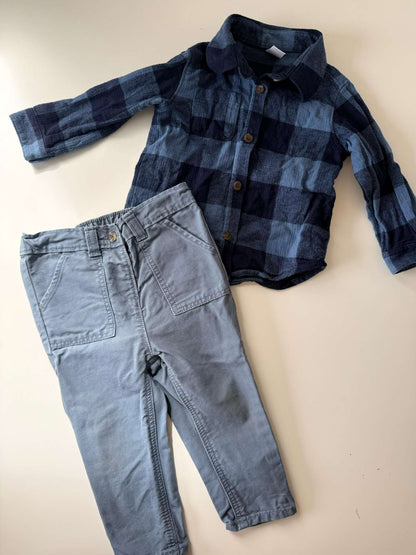 Old Navy Outfit (12-18 Month) : Long Sleeve Blue Plaid Pocket Shirt Shirt and Light Blue Pants , Kids 18 Month (12-18M)