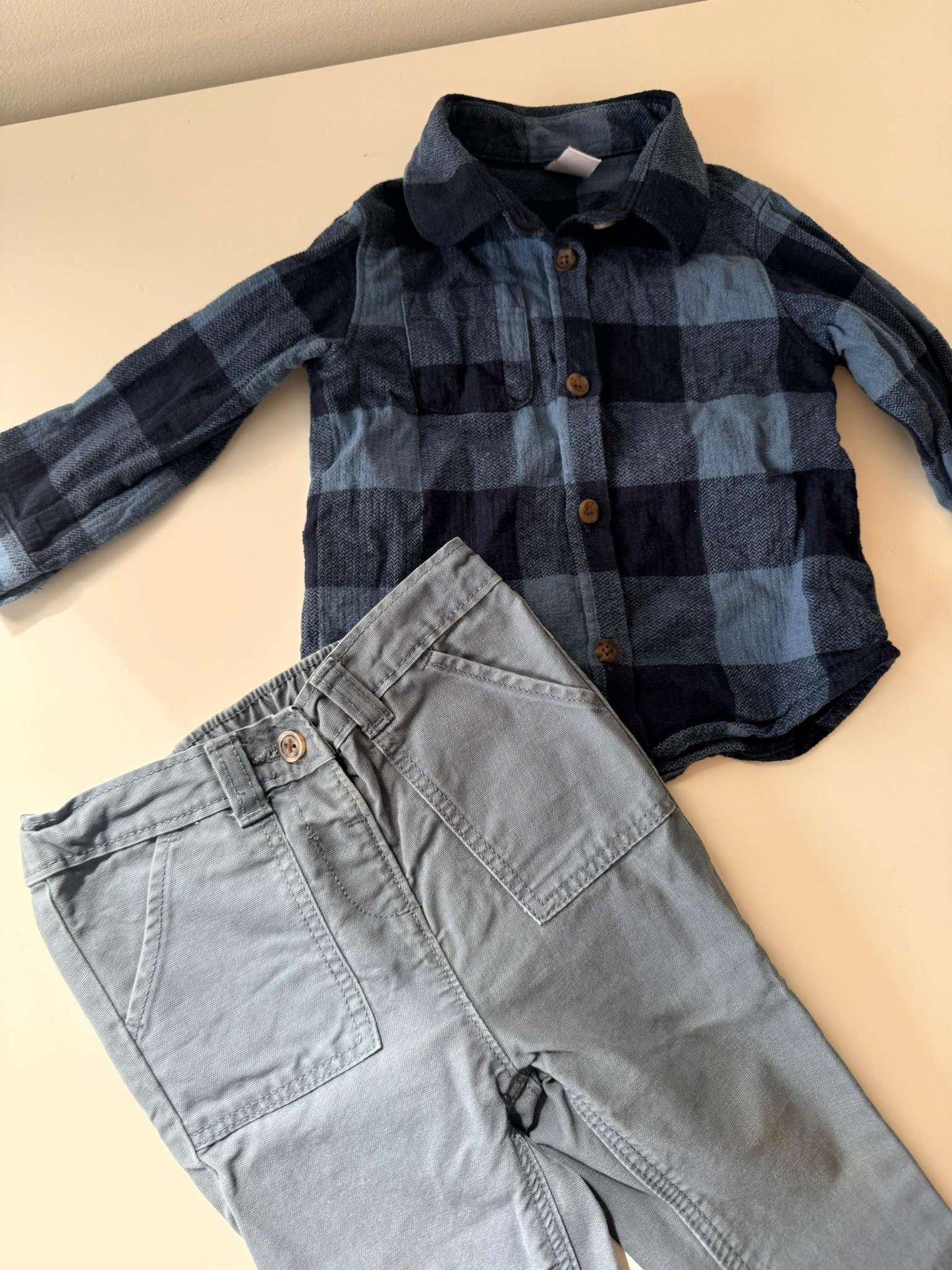 Old Navy Outfit (12-18 Month) : Long Sleeve Blue Plaid Pocket Shirt Shirt and Light Blue Pants , Kids 18 Month (12-18M)