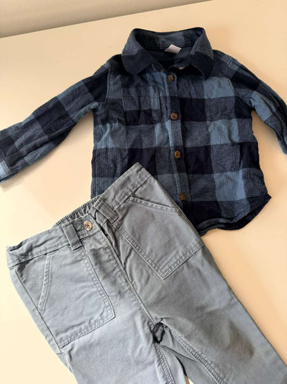 Old Navy Outfit (12-18 Month) : Long Sleeve Blue Plaid Pocket Shirt Shirt and Light Blue Pants , Kids 18 Month (12-18M)