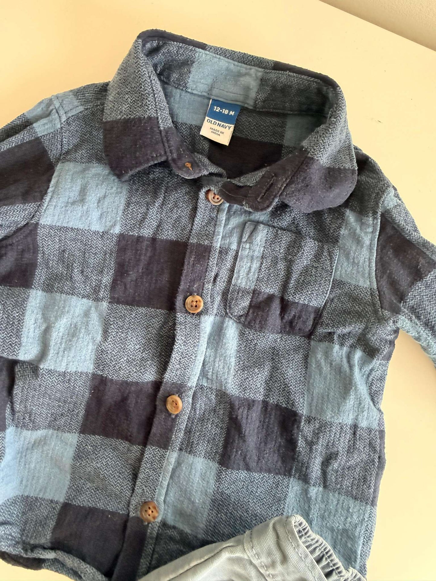 Old Navy Outfit (12-18 Month) : Long Sleeve Blue Plaid Pocket Shirt Shirt and Light Blue Pants , Kids 18 Month (12-18M)