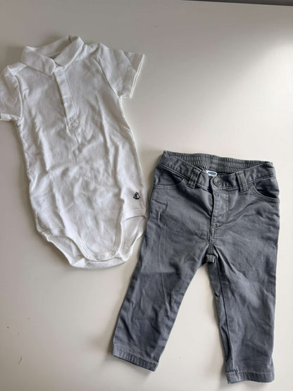 Old Navy + Petit Bateau Outfit :  12-18 Months Unisex Skinny 360° Stretch  Grey Jeans + White Onesie, Kids 18 Month (12-18M)