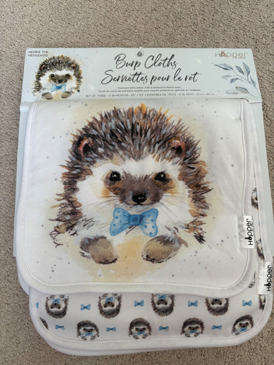 New with tags, Hopper - 3 Burp cloths, hedgehogs, 51x24cm