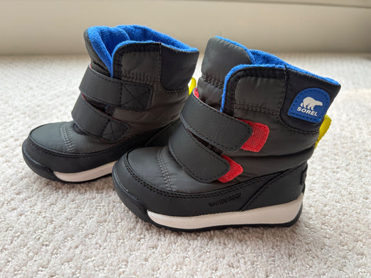 Sorel - winter boots, black w/ colourful accents, Velcro closures, size 6, retail $80, Shoes 6 (Walkers:12-24 mth)