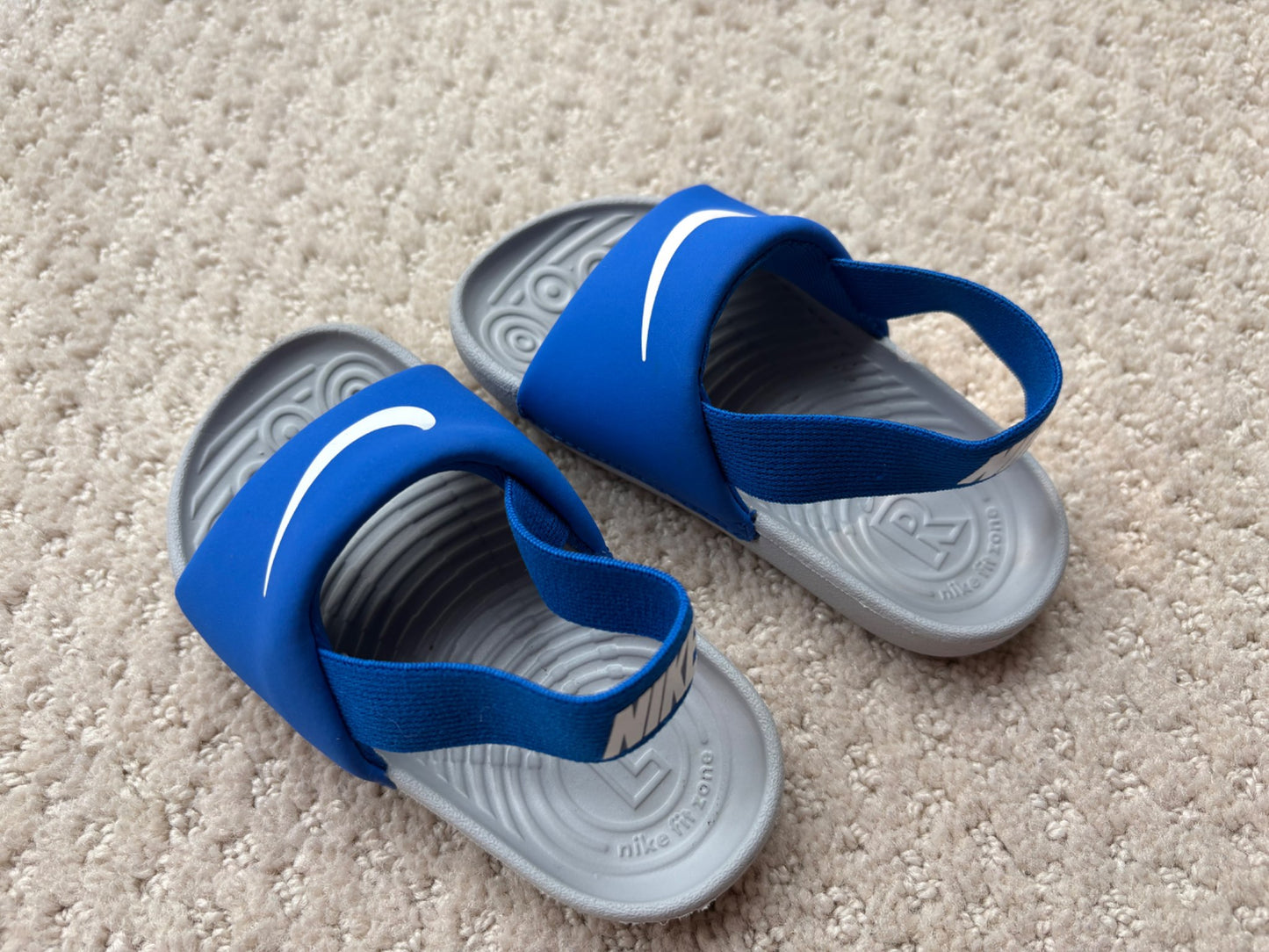 Nike - blue slide sandals with ankle strap, size 6, retail $40, Shoes 6 (Walkers:12-24 mth)