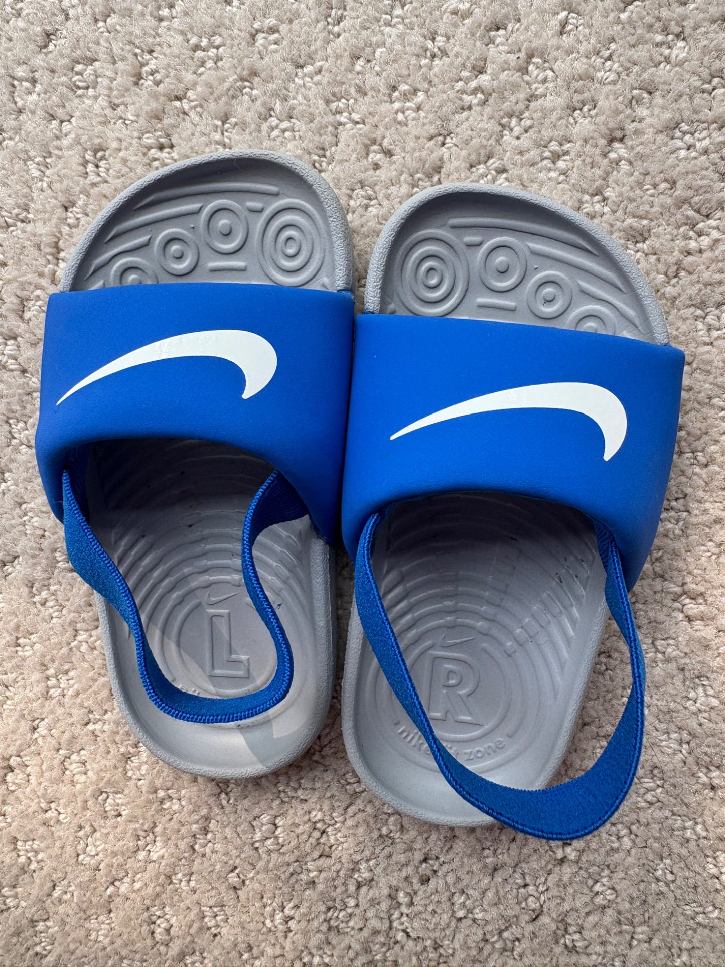 Nike - blue slide sandals with ankle strap, size 6, retail $40, Shoes 6 (Walkers:12-24 mth)