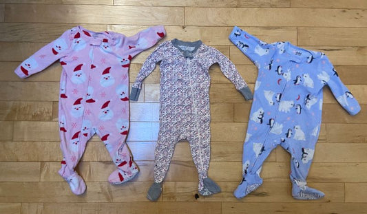 Zipped Footie Pajamas, 3-Pack, 2 Fleece and 1 Cotton, Christmas & X Patterns, Carter's & Burt's Bees, 6-9 Month