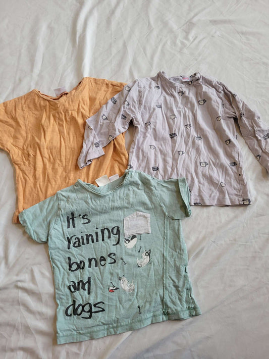 Zara 3 Pack Shirts (Orange, "Its Raining Bones & Dogs" & Tea Cup) Size 2/3, Kids 2T