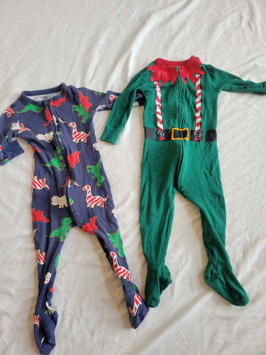 Christmas Pjs -  "Dino Cookies" and Elf Zipper Sleepers (12-18 Months)				, Kids 18 Month (12-18M)